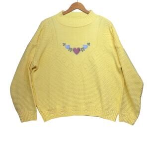 Liz Thomas Vintage Cottage Granny Yellow Embroidered Heart Pullover Sweater XL